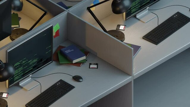 Office isometric workplaces. Personal computers or PC parallax. Source code with glitch effect on monitors. Information security, hacking, data protection. 3D Render 4K seamless loop animation concept