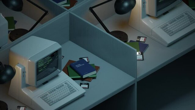 Office isometric workplaces. Retro, vintage 80s, 90s style personal computers, PC parallax. Source code with glitch effect on monitors. Information security, hacking, data protection 3D Render concept