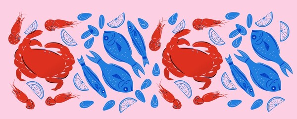 Seafood shrimp, fish, crayfish . Funny colored typography poster, apparel print design, bar menu decoration. Seafood  abstract illustration. Seafood still life. horizontally banner