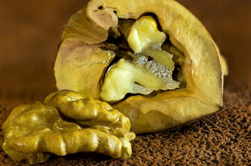 Walnut as a background with the possibility of adding text, macro photography.