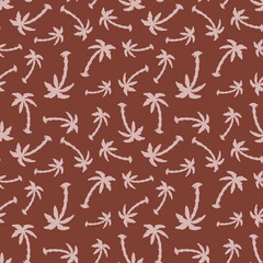 Palm tree seamless repeat pattern. Random placed, vector tropical botany all over print on brown background.