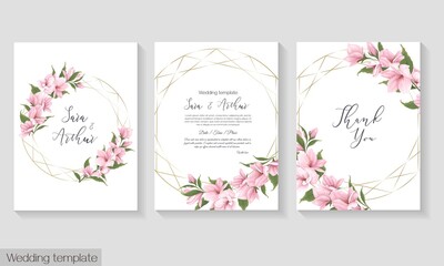 Vector floral template for wedding invitation. Delicate pink magnolia, sakura. - obrazy, fototapety, plakaty