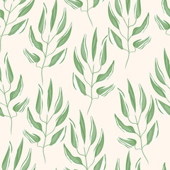 Green and white seamless pattern with sprigs. Vector stock illustration for fabric, textile, wallpaper, posters, paper. Fashion print. Branch with monstera leaves. Doodle style