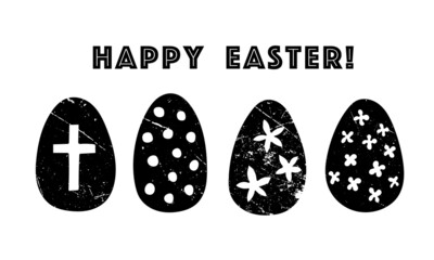 Postcard Happy Easter! Vector banner with text inscription, horizontal format, congratulations, minimalistic design, retro, illustration. Black on white.