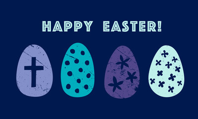 Postcard Happy Easter! Vector. Banner with text inscription, eggs, horizontal format, congratulations, minimalistic design, vintage, illustration, web. Blue, green, purple.