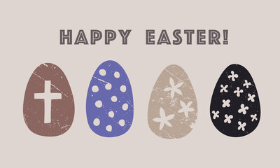 Postcard Happy Easter! Vector. Banner with text inscription, eggs, cross, flowers, horizontal format, minimalistic design, vintage, illustration, web. Beige, brown, purple.