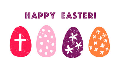 Postcard Happy Easter! Vector illustration. Banner with text inscription, eggs, cross, flowers, horizontal format, minimalist design, vintage, web. Red, pink, orange.