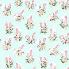 Easter bunny ears in apple tree flowers seamless pattern, hand drawn illustration on mint background