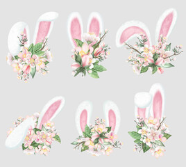 Easter bunny ears in apple tree flowers clipart, hand drawn isolated illustration 