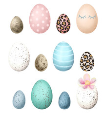 Easter colored and quail eggs clipart, hand drawn isolated illustration on white background