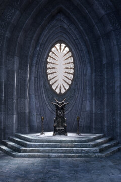 Portrait format 3D rendering of a fantasy medieval throne room with arched stone wall and large oval window.