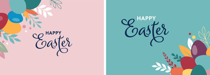 Happy Easter banner, poster, greeting card. Trendy Easter design with typography, bunnies, flowers, eggs, bunny ears, in pastel colors. Modern minimal style