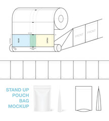 Stand-up pouch bag mockup with folding scheme. Vector illustration isolated on white background. Front and side view. Perfect for final packshot. EPS10.	