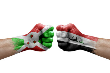 Two hands punch to each others on white background. Country flags painted fists, conflict crisis concept between burundi and iraq