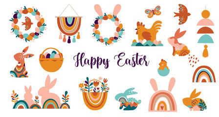 Happy Easter banner, poster, greeting card. Trendy Easter design with typography, bunnies, flowers, eggs, bunny ears, in pastel colors. Modern minimal style