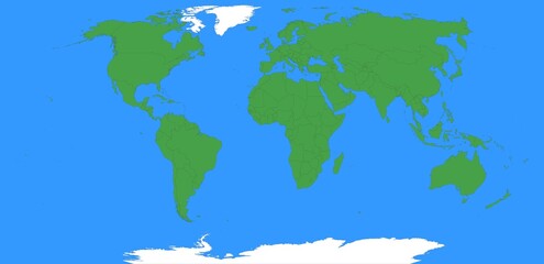 The green outlines of continents in the blue oceans. A view of the whole world