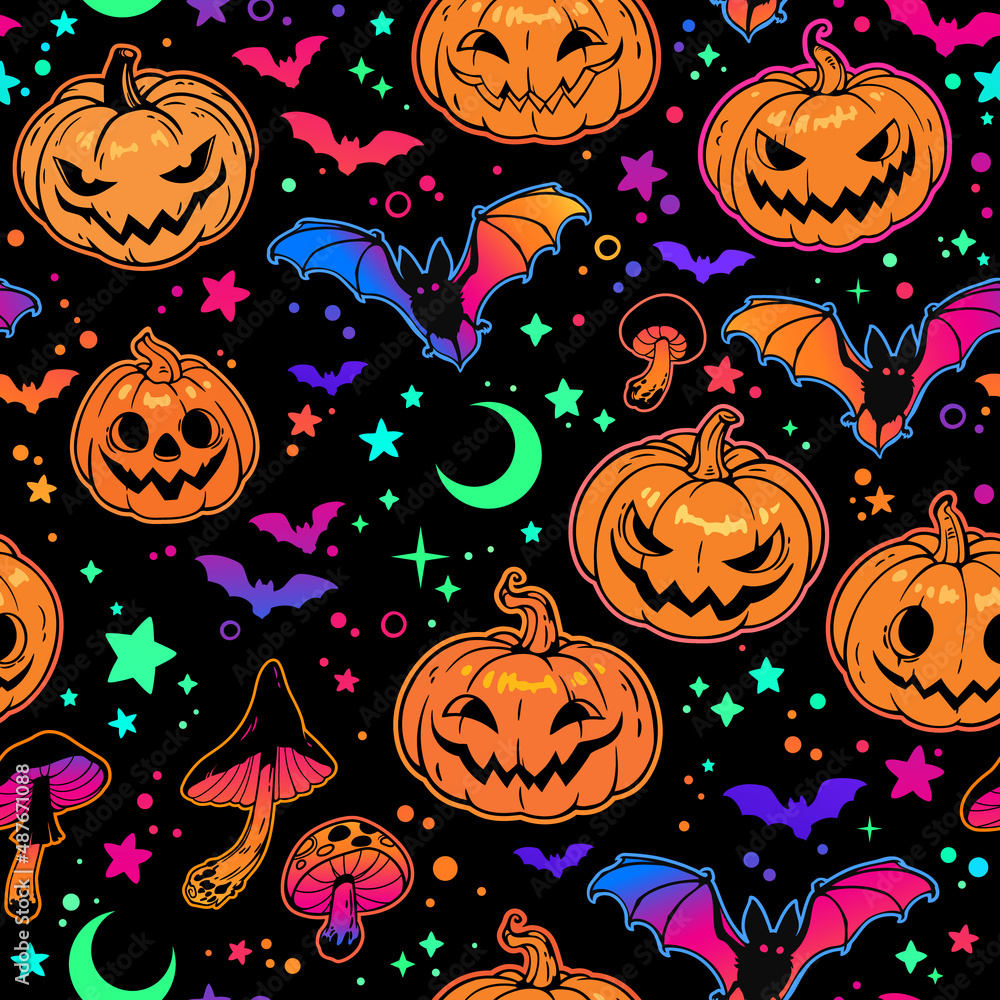Canvas Prints seamless pattern of bright multicolored haloween pumpkins and bats