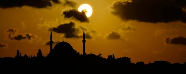 Suleymaniye Mosque Istanbul Turkey at sunset silhouette
