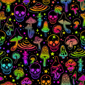 Seamless psychedelic pattern of bright poisonous mushrooms and human skulls