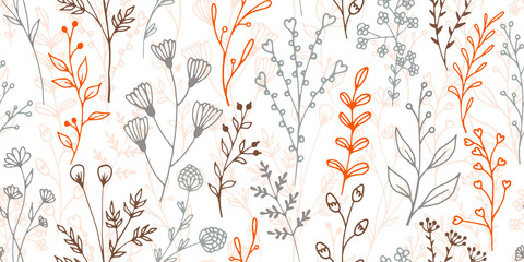 Field flower branches hand drawn vector seamless ornament. Fine herbal textile print. Herb plants leaves and stems wallpaper. Field flower sprigs linear endless swatch © SunwArt