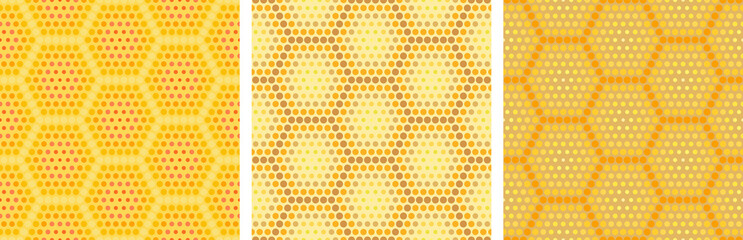 Honeycomb seamless pattern with halftone texture isolated on white background. Geometric pattern for food production, package, kitchen interior design, cover, background, etc. Vector illustration. Set