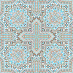 Abstract victorian majolica tile seamless rapport. Geometric texture vector elements. Bedcover print design. Traditional spanish mayolica tilework eternal pattern. Interior decor template.
