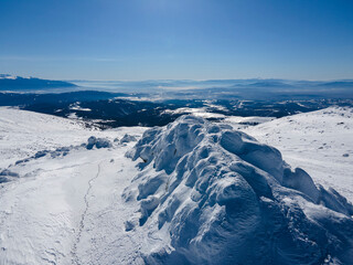 Aerial Winter view of Vitosha Mountain near Cherni Vrah peak, Bulgaria