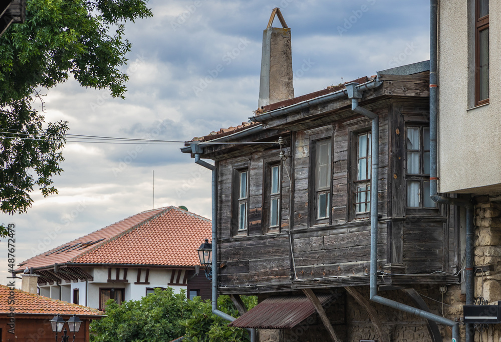 Sticker Old wooden building in Old Town of Nesebar city, Bulgaria