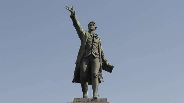 Bronze Statue depicting Bernardo de Monteagudo Holding a Papyrus in a Public Park in Buenos Aires, Argentina. Close Up. 