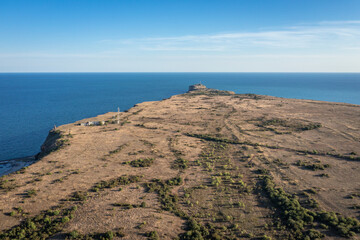 Kaap van Kaliakra, uitzicht vanaf drone boven Bolata Beach in het natuurreservaat Kaliakra over de Zwarte Zee in Bulgarije