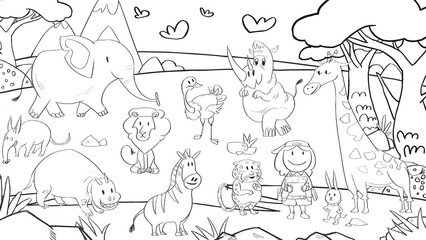 Fototapeta na wymiar Africa Grassland Wildlife Animals line art sketches. Cute doodle for children book illustration poster painting. Leopard Aardvark rhinoceros hippo ostrich giraffe zebra elephant lion