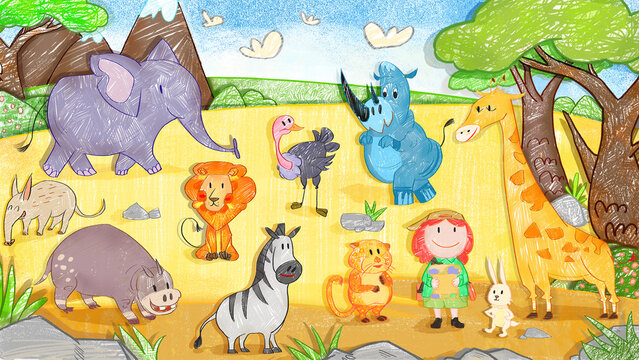 Africa Grassland Wildlife Animals. Cute oil pastel drawing crayon doodle for children book illustration poster wall painting. Leopard Aardvark rhinoceros hippo ostrich giraffe zebra elephant lion