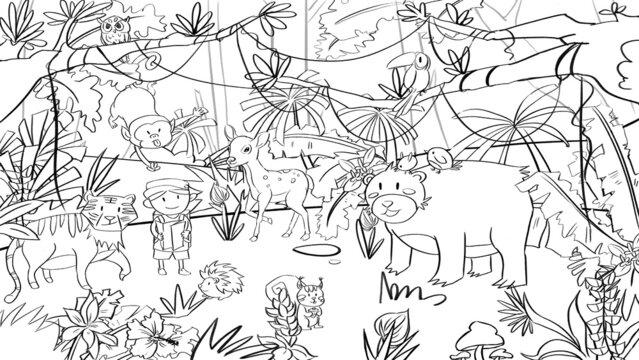 Amazon Rainforest Jungle creek Wildlife Sketch Background. Cute oil pastel drawing crayon doodle for children book illustration poster wall painting. Monkey Bird Owl Bear Deer Hedgehog Tiger squirrel