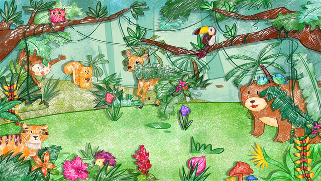 Amazon Rainforest Jungle creek Wildlife Animals Background. Cute oil pastel drawing crayon doodle for children book illustration poster wall painting. Monkey Bird Owl Bear Deer Hedgehog Tiger squirrel