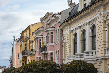 Fototapeta na wymiar Townhouses on Prince Alexander I street in Plovdiv city, Bulgaria