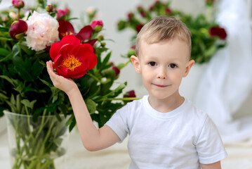 A little boy in a white T-shirt with blooming peonies. Spring. A child in flowers.