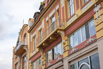 Facades of house on Prince Alexander I street in Plovdiv city, Bulgaria