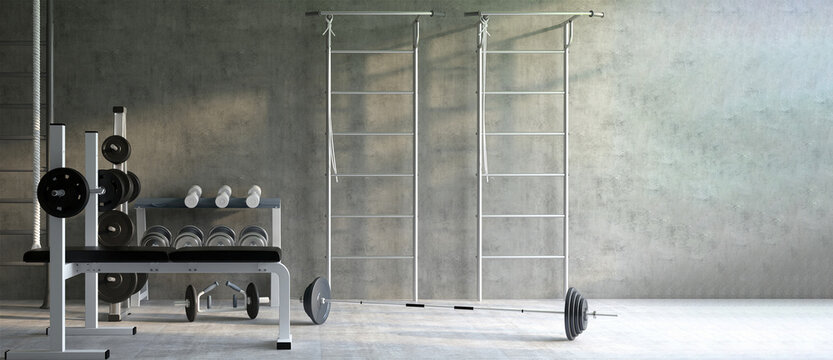 Realistic 3D render image of modern fitness equipments, Weight lifting, Bodybuilding, Pull up bar in an empty gym room with morning sunlight shine on a concrete wall. Fitness, Background, Copy space