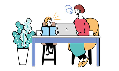 パソコンをする女性と本を読む女性　困った表情のシンプルなイラスト
