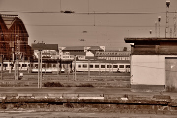 sepia old shot of railways leading to station Hauptbahnhof of Leipzig, Germany
