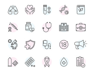 HIV and AIDS vector line icon contain condom hospital sex icon hiv test medical aids pictogram cancer sign - obrazy, fototapety, plakaty