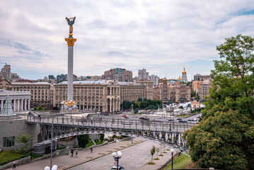 Kyiv, Ukraine. July 20, 2021. Maidan Nezalezhnosti or Independence Square located on the Khreshchatyk Street. The monument in the middle is called Berehynia