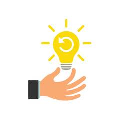 Glowing light bulb in a businessman's hand. Hand with a Idea lamp. Refresh signs in light bulb icon. Illustration.