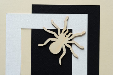 paper frame partly on black paper and wooden spider crawling north east