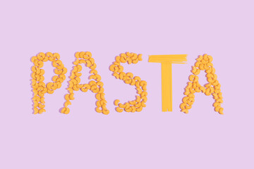 Letters pasta on pastel purple background. Minimal  food concept. Top view.