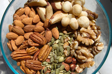 Bowl Full of Mixed, Raw Nuts and Seeds