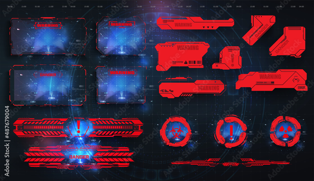 Poster futuristic frames danger and alert attention red interface signs, warning and caution. warning frame