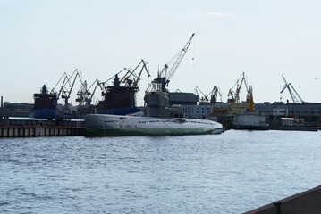 Submarine moored on the waterfront, navy.