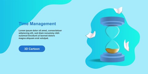 Time to learning and study, reading schedule concept, sand hourglass with book flying