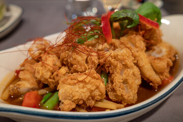 Selective focus view at asian style, Stir fry spicy crispy squid. 